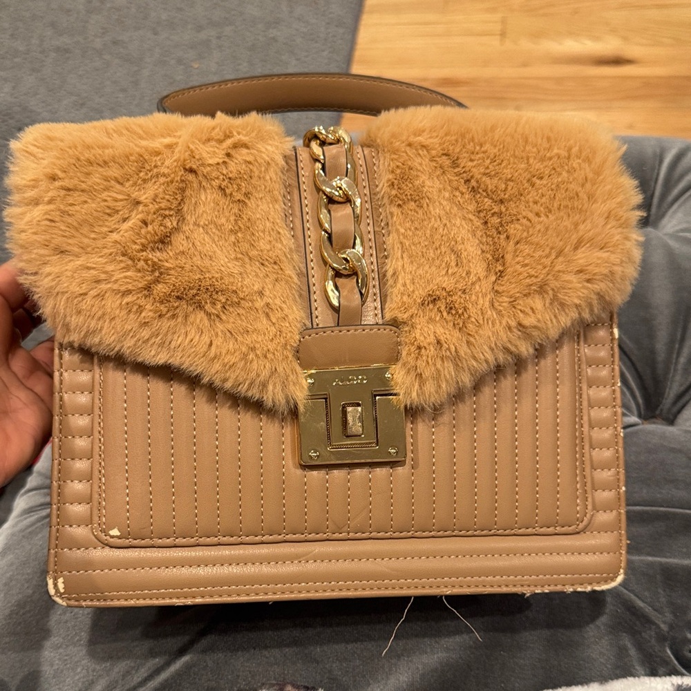 Aldo Tan Faux Fur Trim Satchel